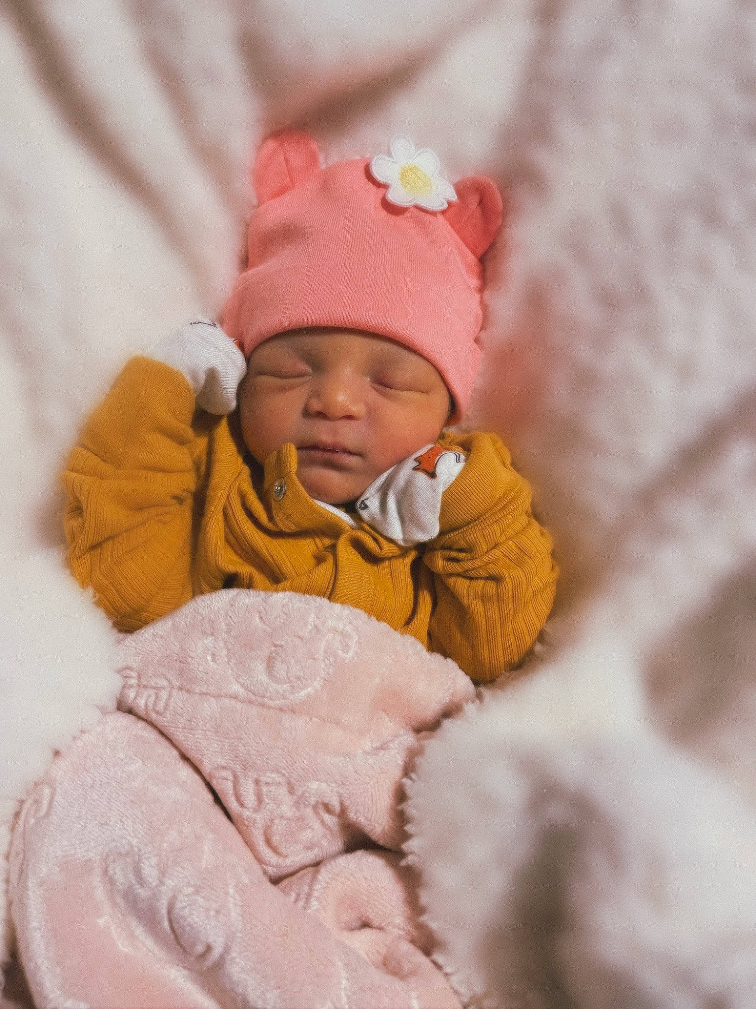 Winter joined the competition — help win amazing prizes! baby, baby_products, baby_sleeping, baby_toddler_clothing, beanie, cap, cheek, child, comfort, face, fur, happy, head, headwear, knit_cap, linens, lip, person, pink, skin