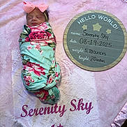 Serenity joined the competition — help win amazing prizes! newborn, baby, blanket, pink, bow, floral, swaddle, sleeping, birth_announcement, wooden_board, text, soft_texture, infant, cute, portrait, lying_down, baby_clothing, fabric, bedroom, decor