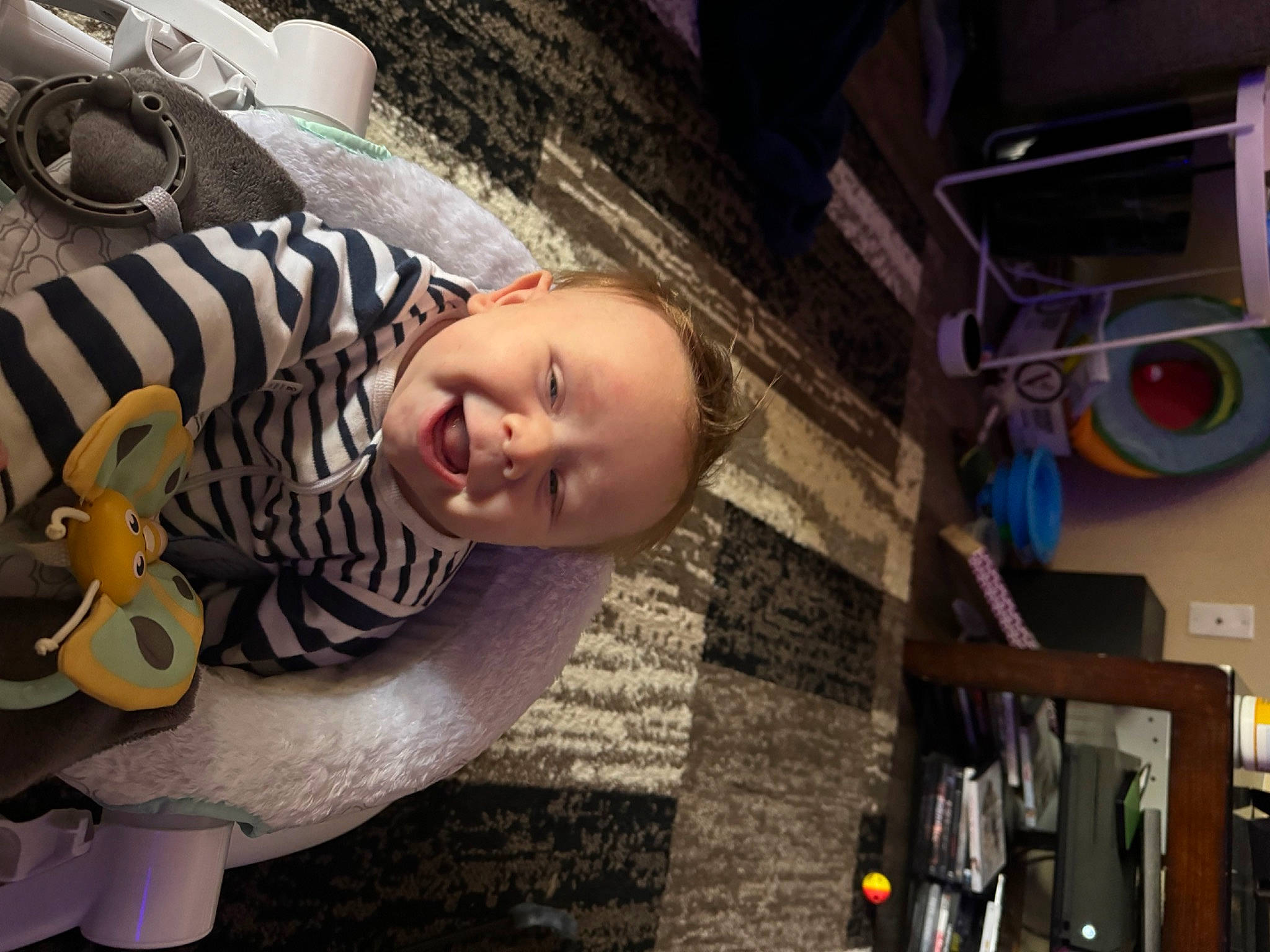 Carter is registered to the contest to win money with this photo: automotive_wheel_system, eyewear, flash_photography, flooring, fun, fur, happy, leisure, pattern, person, sitting, smile, street, t_shirt, tree, wood