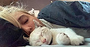 Jupiter is registered to the contest to win money with this photo: bedroom, blanket, blonde_hair, cat, closeup, comfort, cozy, domestic_animal, face, fur, indoor, napping, nose_ring, peaceful, person, pet, piercing, relaxation, resting, sleeping