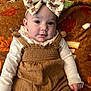 Isabella joined the competition — help win amazing prizes! baby, child, infant, bow, headband, blanket, autumn, fall, pattern, brown, white, clothing, portrait, face, cute, smile, laying, soft, cozy, indoors