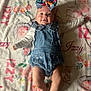 Isabella joined the competition — help win amazing prizes! baby, infant, denim_overalls, bow, headband, blanket, floral_pattern, text, name, happy, smile, skin, person, child, cute, lying_down, clothing, foot, arm, indoors
