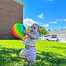 Isabella joined the competition — help win amazing prizes! ball, barefoot, blue_sky, brick_wall, building, car, casual_clothing, child, clouds, daylight, grass, greenery, happy, nature, outdoor, person, playing, summer, sunny, toddler