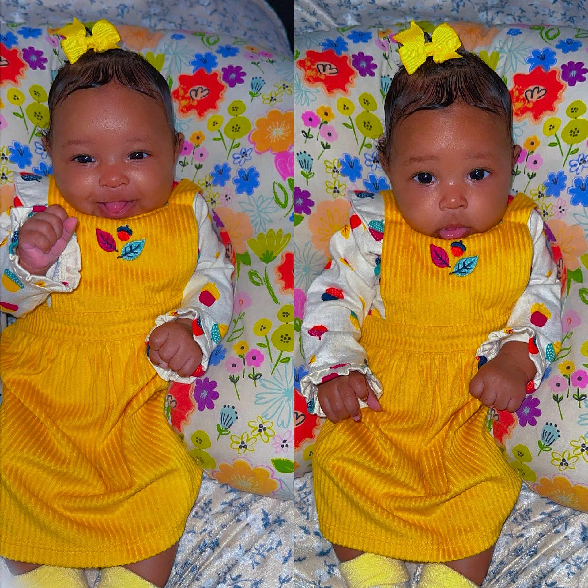 Ahnarrie joined the competition — help win amazing prizes! baby, child, yellow_dress, bow, cute, portrait, infant, floral_pillow, smile, tongue_out, expression, sitting, colorful, indoors, clothing, face, hands, young_child, patterned_background, cozy