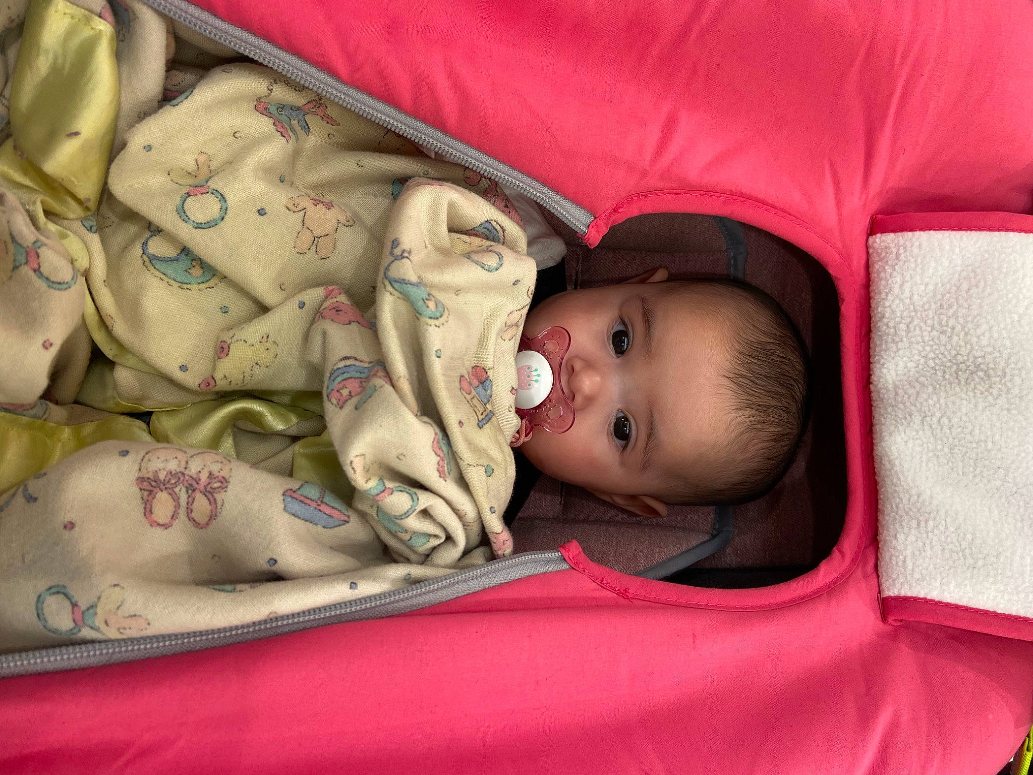 Skylar joined the competition — help win amazing prizes! baby, baby_products, baby_toddler_clothing, bedding, bedtime, car_seat, carmine, cheek, child, comfort, linens, magenta, nap, pattern, person, room, sitting, skin, sleep, toddler