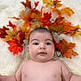 baby, infant, blue_eyes, autumn_leaves, fall, blanket, soft_texture, portrait, close_up, cute, child, skin, natural_light, seasonal, orange_leaves, yellow_leaves, red_leaves, relaxing, lying_down, baby_face