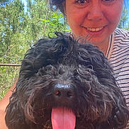 Victor participe au concours pour gagner de l'argent avec cette photo : woman, dog, black_dog, curly_fur, tongue_out, smiling, outdoor, trees, nature, sunlight, portrait, happy, face, person, striped_shirt, summer, close_up, canine, pet, greenery