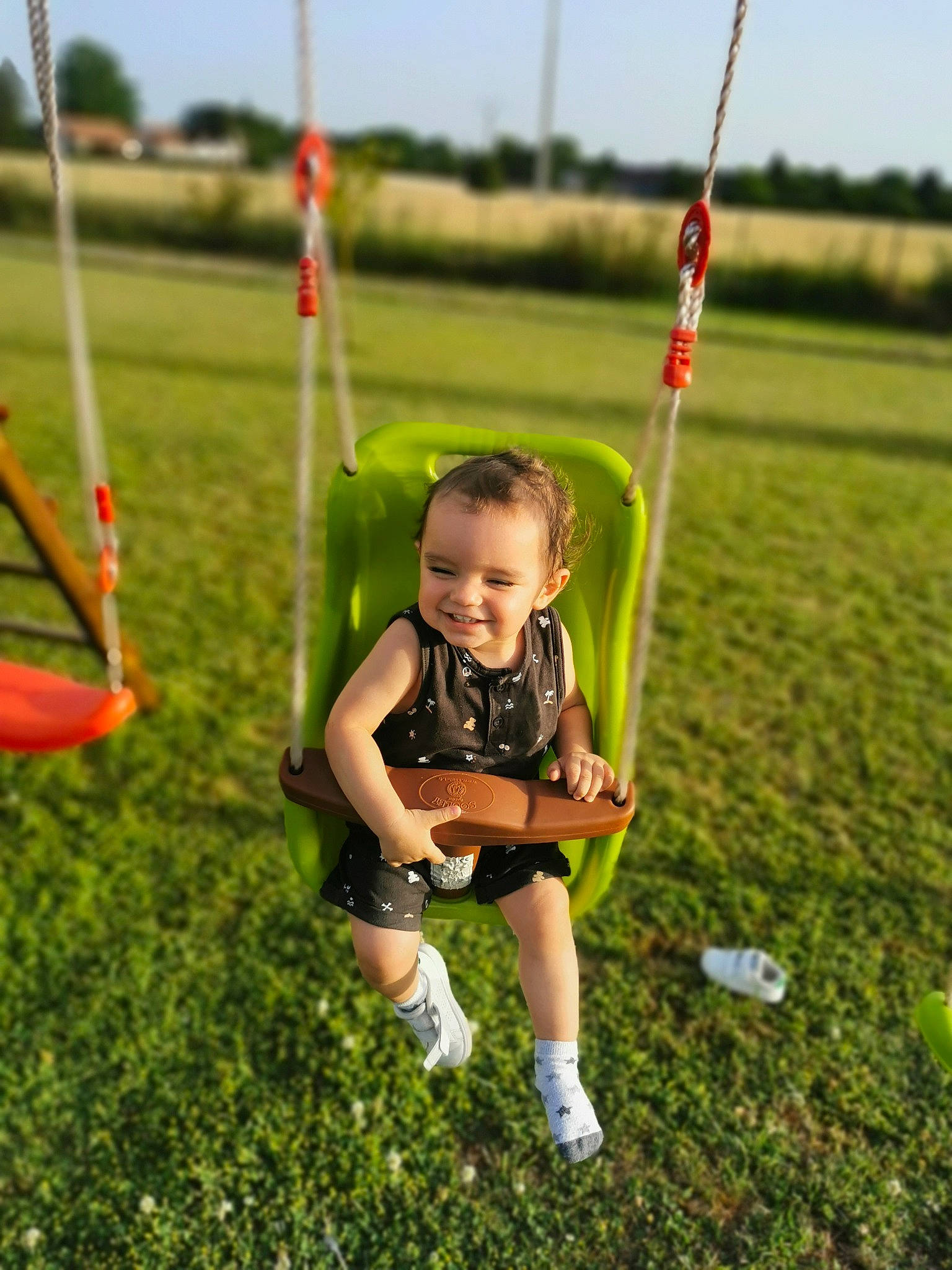 Timéo participe au concours pour gagner de l'argent avec cette photo : fun, grass, grassland, happy, joy, leisure, nature, outdoor_play_equipment, people_in_nature, person, playground, playing_sports, pole, public_space, recreation, shorts, sky, smile, sports, swing