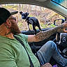 Chicco joined the competition — help win amazing prizes! man, dog, puppy, tattoo, car_interior, seatbelt, green_shirt, cap, glasses, arm, window, forest, trees, leash, steering_wheel, jeans, smartphone, daylight, nature, outdoor