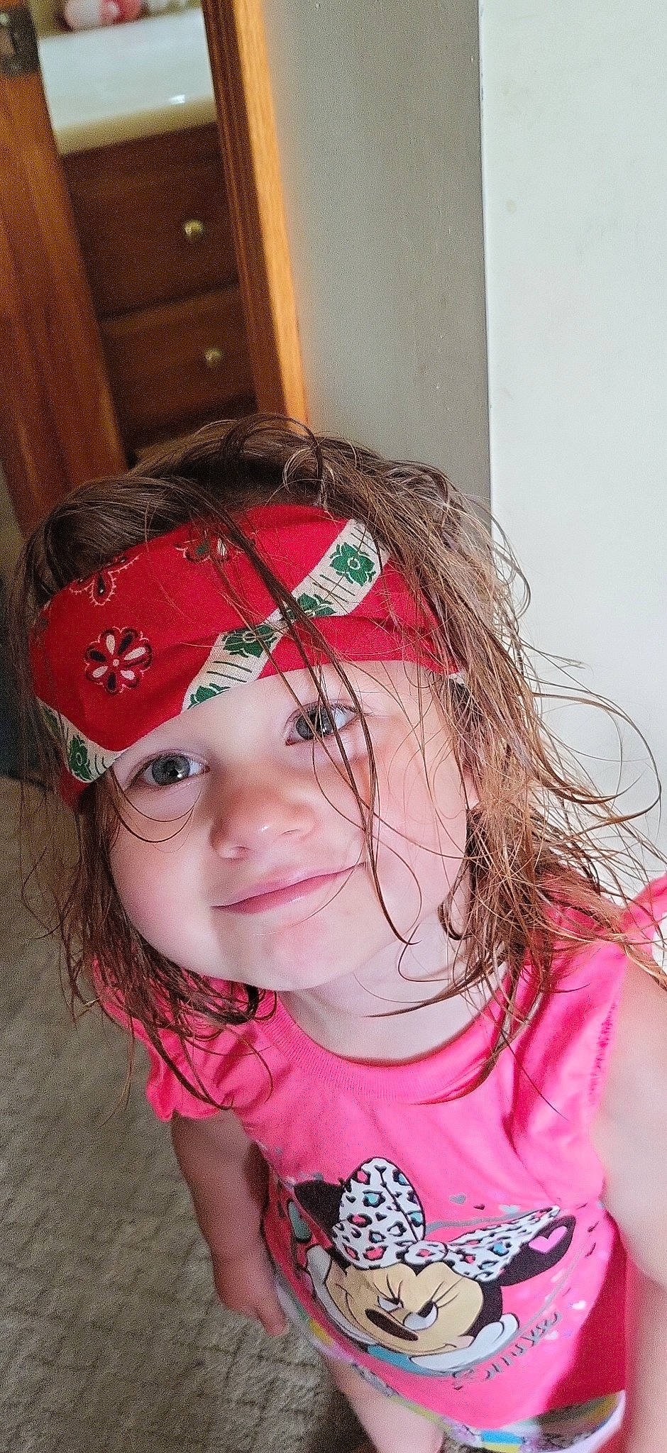 Delaney is registered to the contest to win money with this photo: bangs, brown_hair, clothing, eye, eyebrow, eyelash, eyewear, fun, happy, headpiece, headwear, jaw, joy, lip, long_hair, magenta, mouth, person, personal_protective_equipment, pink