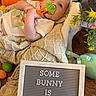 baby, infant, bunny_ears, toy, teether, blanket, sign, flowers, wooden_floor, cute, lying_down, colorful, soft_toys, decor, child, portrait, indoor, happy, young, celebration
