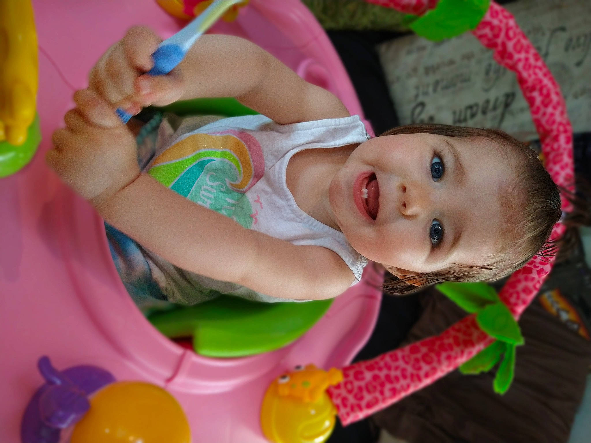 Rylee joined the competition — help win amazing prizes! baby, baby_playing_with_toys, baby_products, baby_toddler_clothing, cheek, child, event, facial_expression, fun, happy, leisure, nose, person, pink, play, skin, smile, tableware, toddler, toy