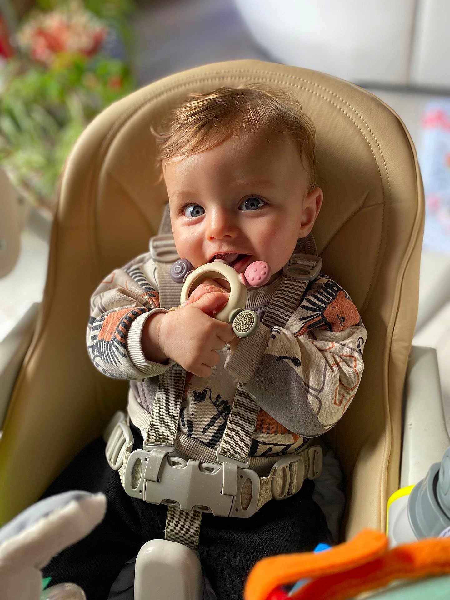 Sun participe au concours pour gagner de l'argent avec cette photo : baby, teething_ring, high_chair, blue_eyes, curly_hair, sweater, animal_print, indoor, child, smiling, cute, infant, seatbelt, baby_toy, happy, portrait, person, soft_light, home, closeup