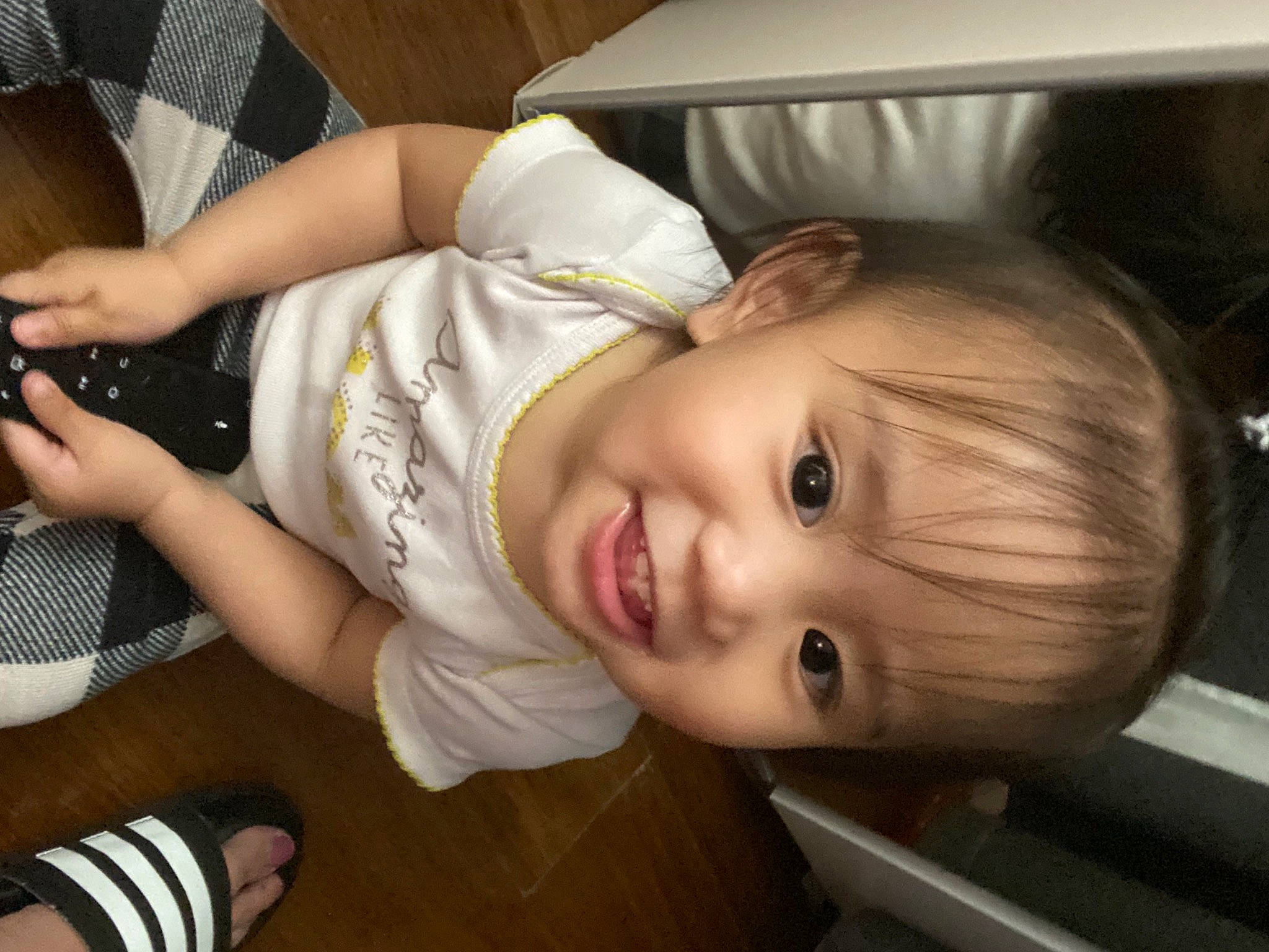 Jazmine joined the competition — help win amazing prizes! baby, baby_toddler_clothing, cheek, child, facial_expression, finger, fun, happy, human_body, lip, mouth, nail, nose, person, skin, sleeve, smile, sock, thumb, toddler