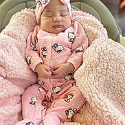 Ailany is registered to the contest to win money with this photo: baby, sleeping, pink, blanket, onesie, headband, hello_kitty, infant, cozy, soft, cute, newborn, child, face, person, clothing, fabric, furniture, indoor, resting