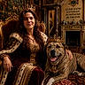 Natsu a rejoint le concours — aidez-le/la à gagner de superbes lots ! brown_dog, castle, chandelier, crown, dog, fantasy, fireplace, historical_costume, interior, large_dog, opulent, ornate_furniture, pet, portrait, royalty, seated, smiling, tapestry, velvet, woman