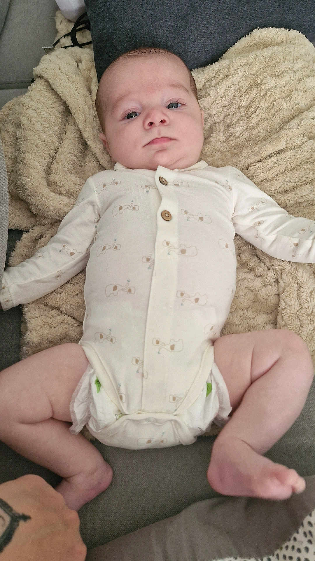Raphaël participe au concours pour gagner de l'argent avec cette photo : baby, infant, onesie, blanket, diaper, face, person, skin, hand, foot, tattoo, pattern, clothing, laying, indoor, cute, cozy, expression, newborn, soft