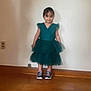 Samar is registered to the contest to win money with this photo: blurry, casual, child, cute, dress, fashion, feet, floor, girl, happy, indoor, person, portrait, smile, sneakers, standing, teal, wall, wooden_floor, young