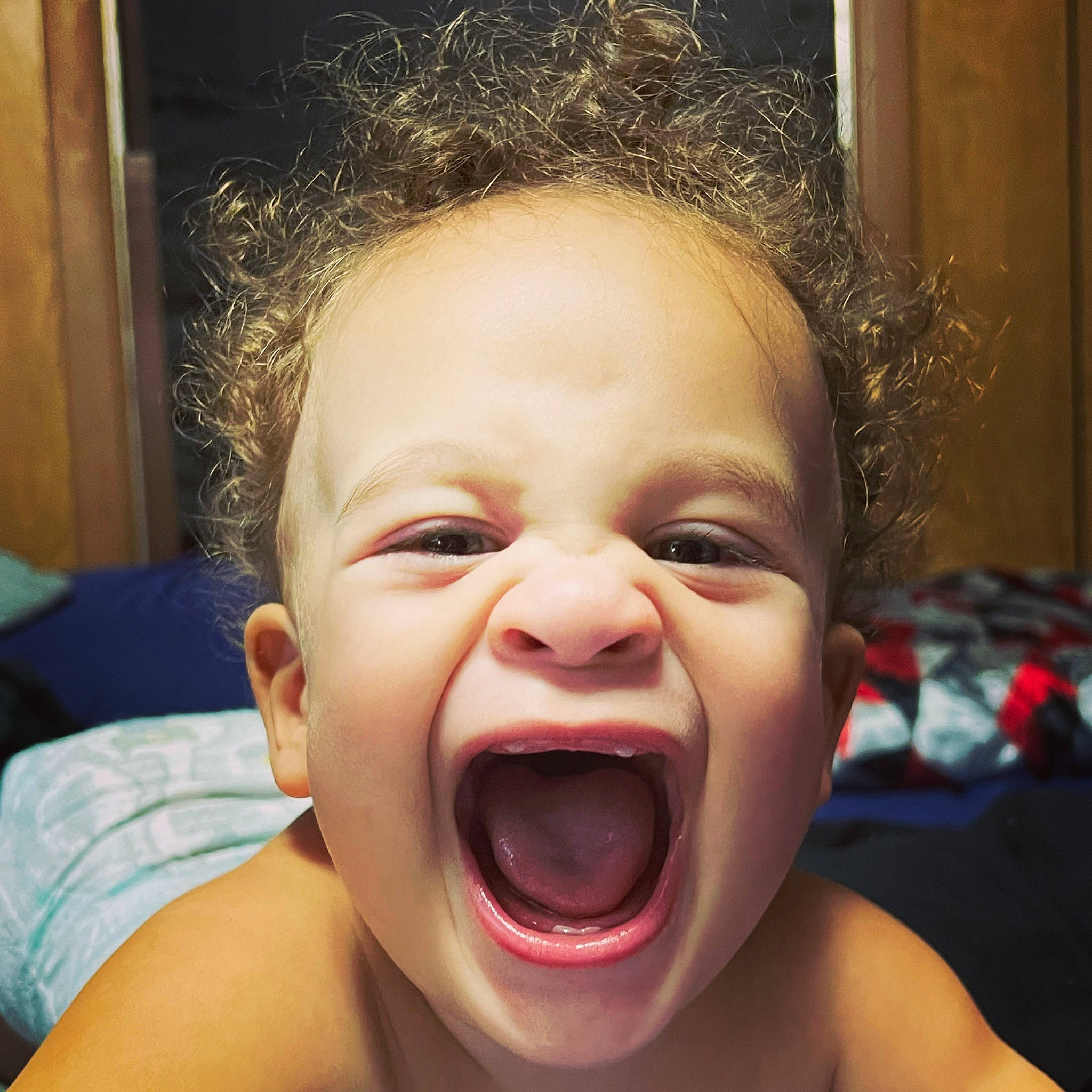 Jamie is registered to the contest to win money with this photo: baby, baby_laughing, cheek, ear, eye, eyebrow, eyelash, gesture, happy, human_body, iris, jaw, lip, mouth, nose, person, skin, smile, toddler, tongue