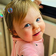 Jemmalynn joined the competition — help win amazing prizes! baby, blonde_hair, blue_eyes, bubble, child, closeup, clothing, cute, face, happy, indoor, long_sleeve, person, pink_clothing, portrait, skin, smiling, toddler, window, young_child