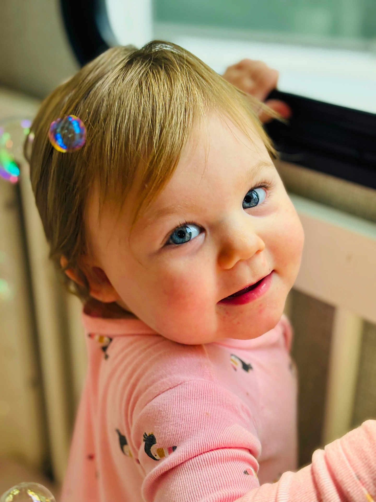 Jemmalynn joined the competition — help win amazing prizes! baby, blonde_hair, blue_eyes, bubble, child, closeup, clothing, cute, face, happy, indoor, long_sleeve, person, pink_clothing, portrait, skin, smiling, toddler, window, young_child