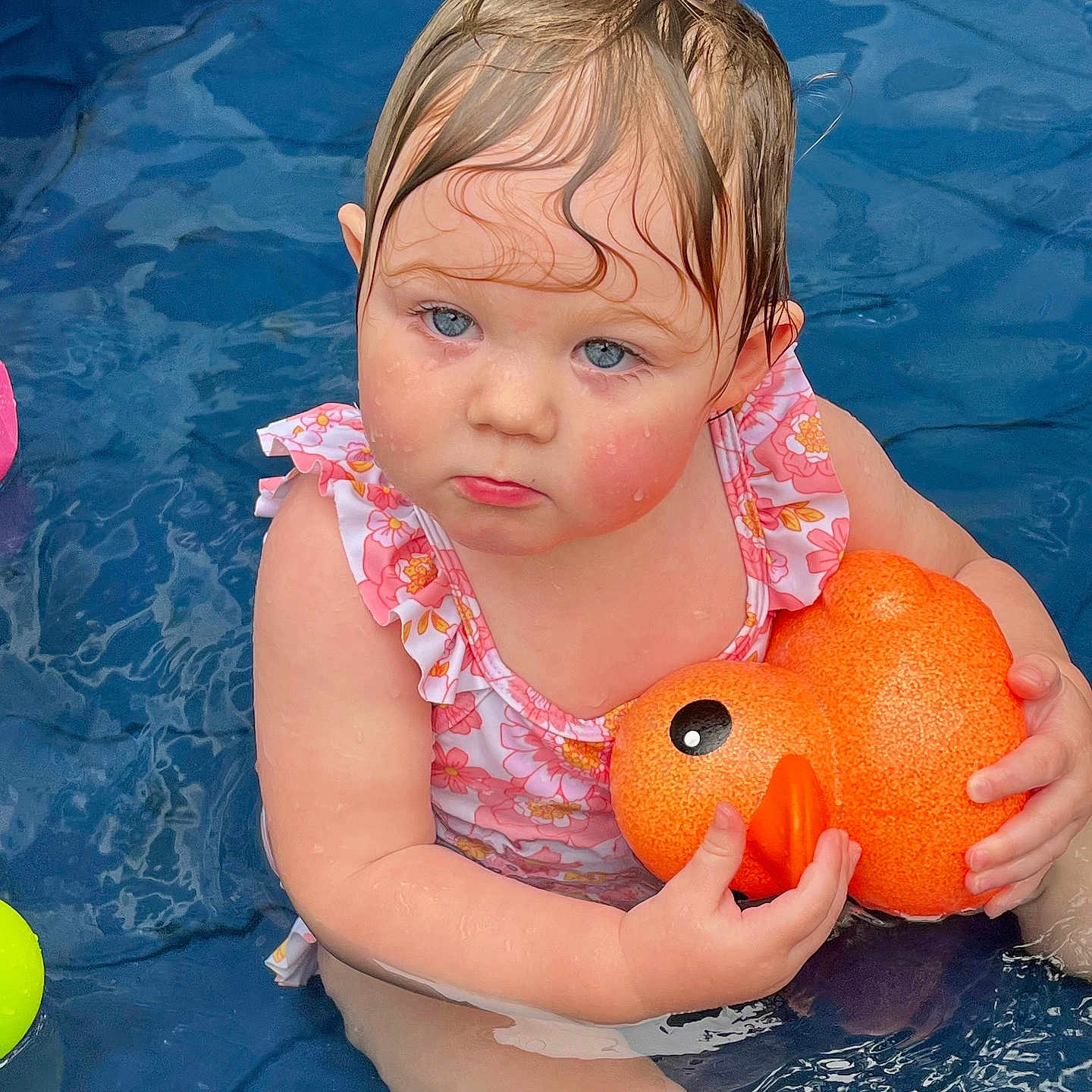 Jemma joined the competition — help win amazing prizes! blue, child, cute, expression, face, float, hand, outdoor, play, pool, rubber_duck, sitting, skin, summer, swimwear, toddler, toy, water, water_toy, wet_hair