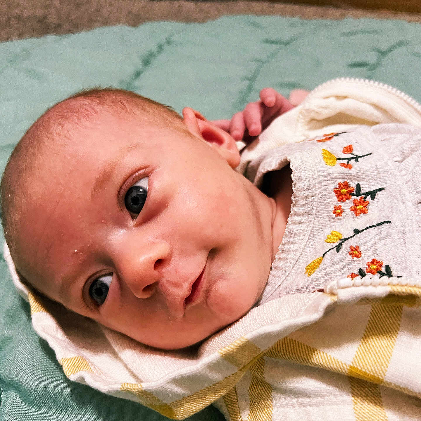 Alora is registered to the contest to win money with this photo: applique, baby, blanket, bodypart, clothing, face, finger, hand, happy, head, knitwear, newborn, pattern, person, photography, portrait, quilt, smile, sweater, towel