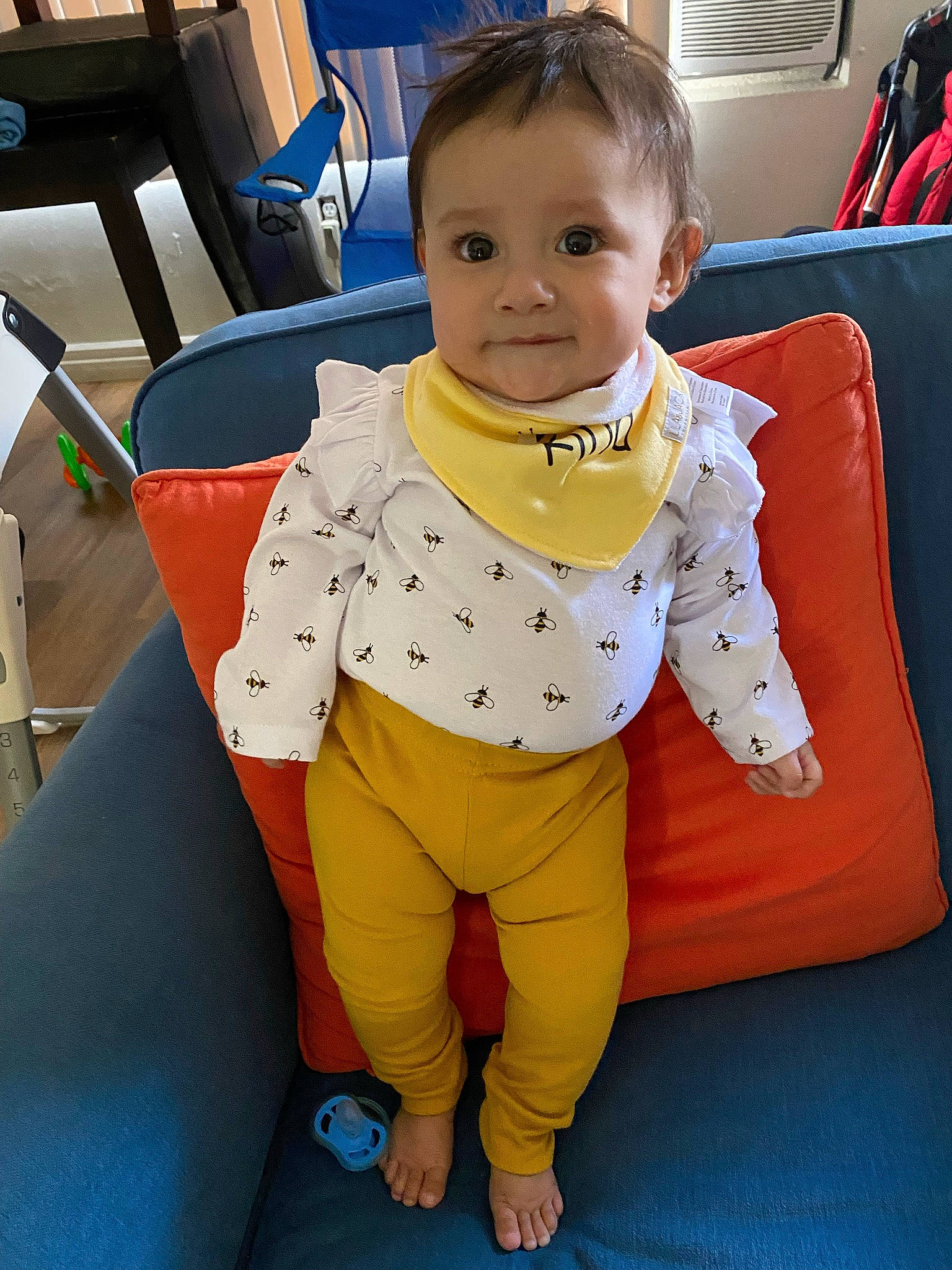 Kamila is registered to the contest to win money with this photo: baby, baby_products, baby_safety, baby_toddler_clothing, bib, chair, child, comfort, electric_blue, face, flooring, fun, happy, head, houseplant, person, room, sitting, sleeve, t_shirt