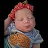 baby, infant, headband, flower, sleeping, closed_eyes, cute, striped_shirt, cat_illustration, puckered_lips, portrait, child, adorable, peaceful, young, clothing, skin, face, head, isolated
