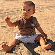 Lino participe au concours pour gagner de l'argent avec cette photo : toddler, child, beach, sand, sitting, sunlight, shorts, tshirt, barefoot, outdoor, sunny, young_child, casual_clothing, summer, playful, curious, nature, shadow, daytime, portrait