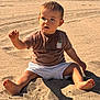 toddler, child, beach, sand, sitting, sunlight, shorts, tshirt, barefoot, outdoor, sunny, young_child, casual_clothing, summer, playful, curious, nature, shadow, daytime, portrait