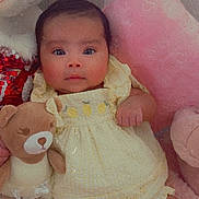 Aurora joined the competition — help win amazing prizes! baby, teddy_bear, plush_toy, yellow_dress, pink_cushion, soft_toy, infant, cute, portrait, indoors, child, smiling, seated, furniture, cozy, adorable, young_child, comfortable, resting, home