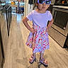 Layla Montoya is registered to the contest to win money with this photo: child, girl, sunglasses, dress, floral, kitchen, floor, oven, dishwasher, table, chair, window, light, hand_on_hip, standing, footwear, sandals, hair_tie, confident, pose
