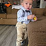 Gabriel joined the competition — help win amazing prizes! bow_tie, casual, child, clothing, couch, curious, cute, floor, furniture, home, indoor, living_room, person, playtime, sneakers, standing, suspenders, toddler, toy, young_child