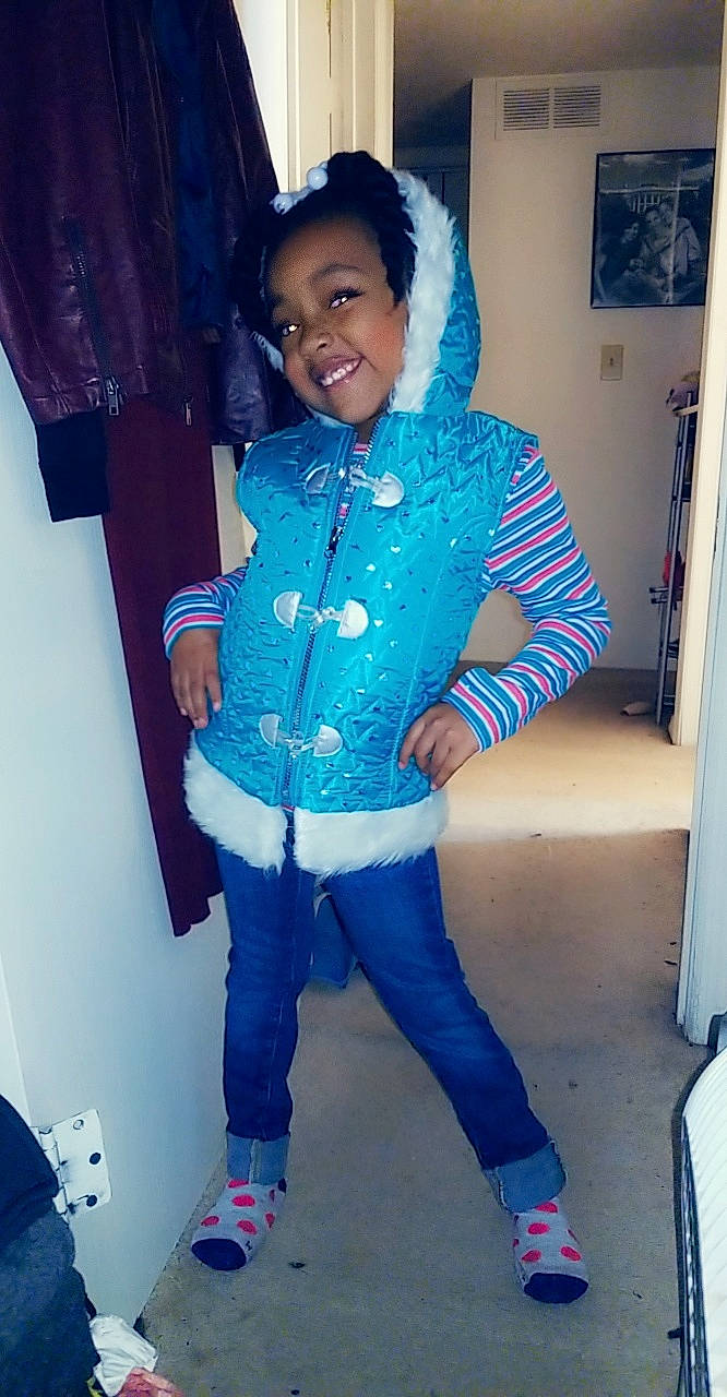 Nia is registered to the contest to win money with this photo: blue, child, cool, denim, electric_blue, jacket, jeans, joy, outerwear, person, standing, toddler