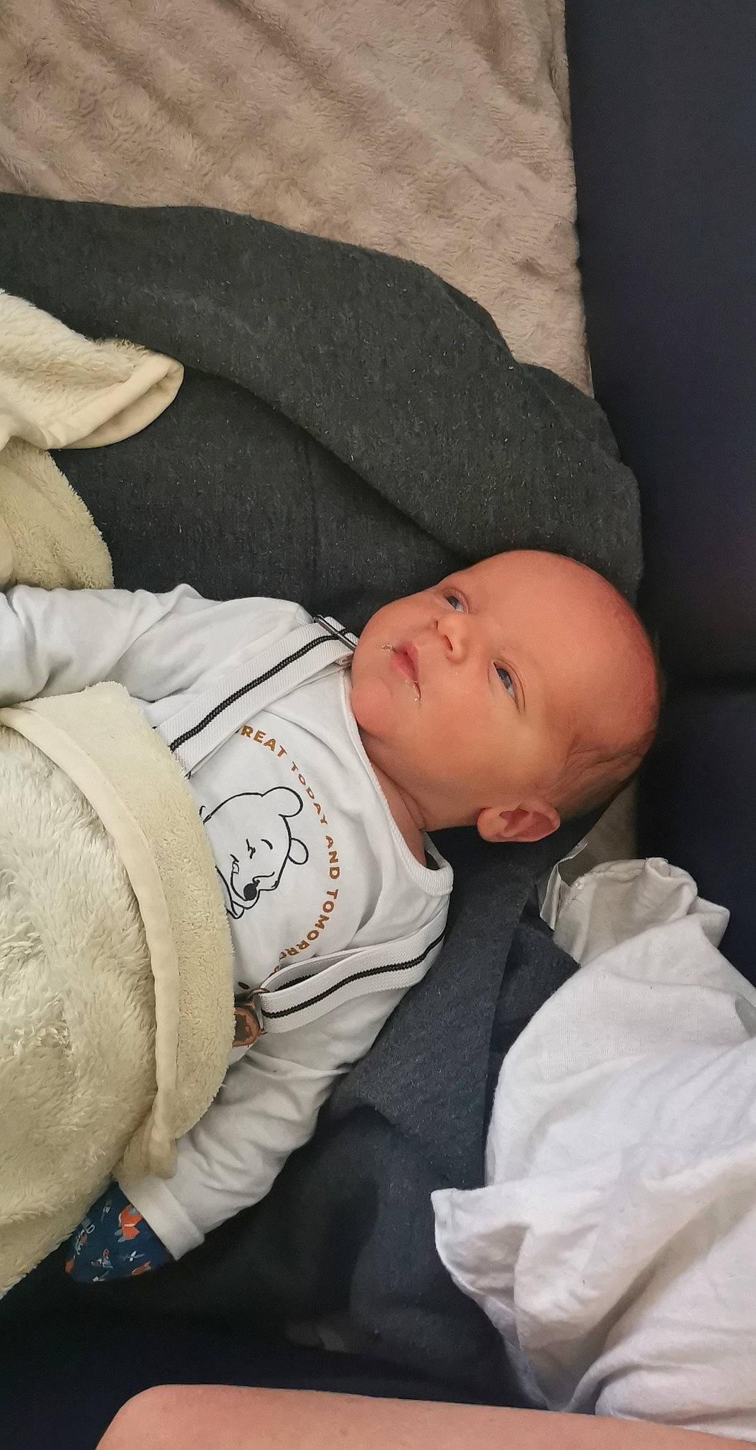 Kaylan participe au concours pour gagner de l'argent avec cette photo : baby, baby_carriage, baby_products, baby_sleeping, baby_toddler_clothing, bedtime, cheek, child, comfort, linens, mammal, nap, outerwear, person, room, sitting, skin, sleep, sleeve, textile