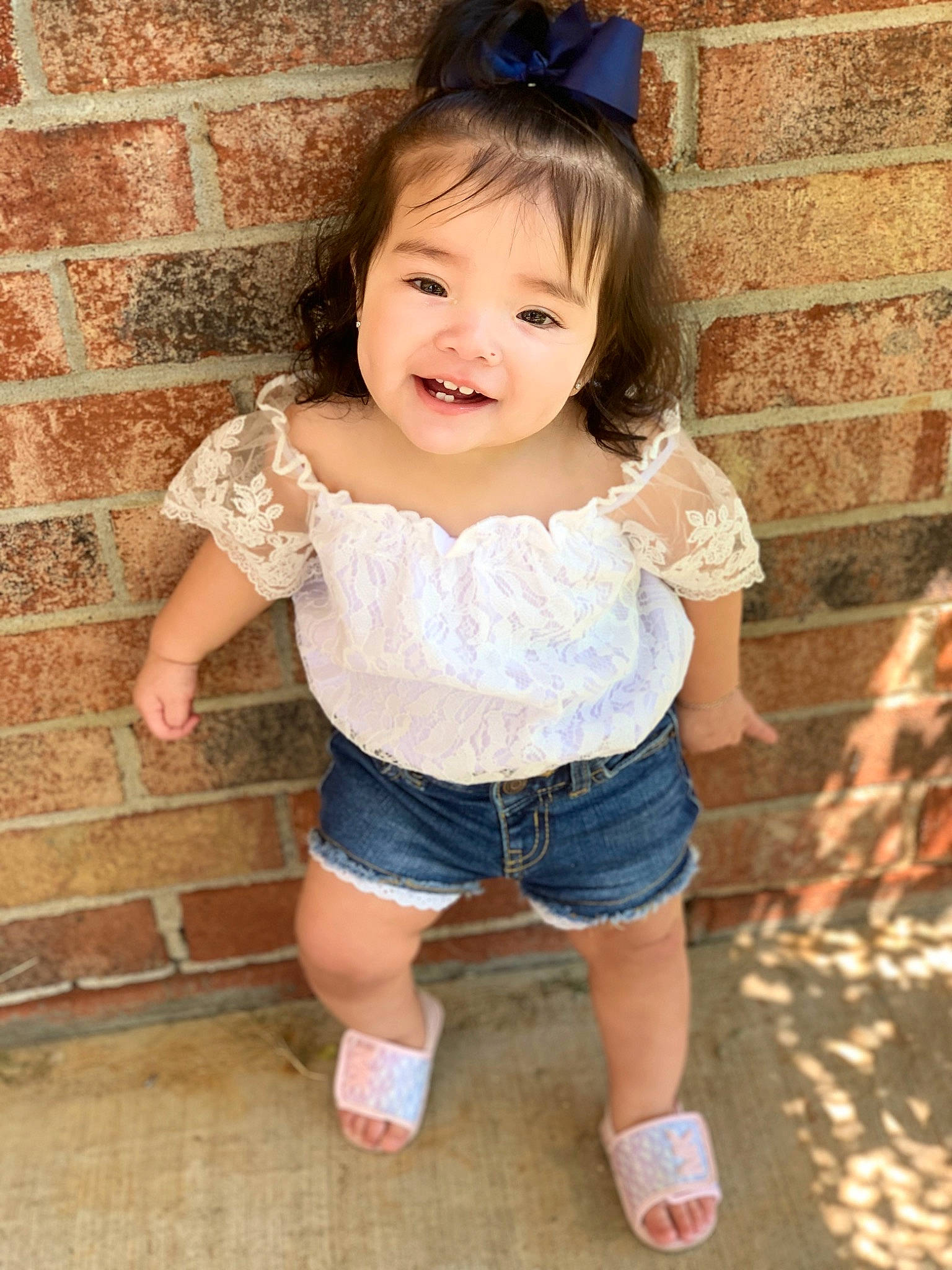 Maylie joined the competition — help win amazing prizes! baby_toddler_clothing, blue, brick, cheek, eye, eyelash, face, happy, head, jean_short, joy, person, pink, shorts, skin, sleeve, smile, t_shirt, thigh, toddler