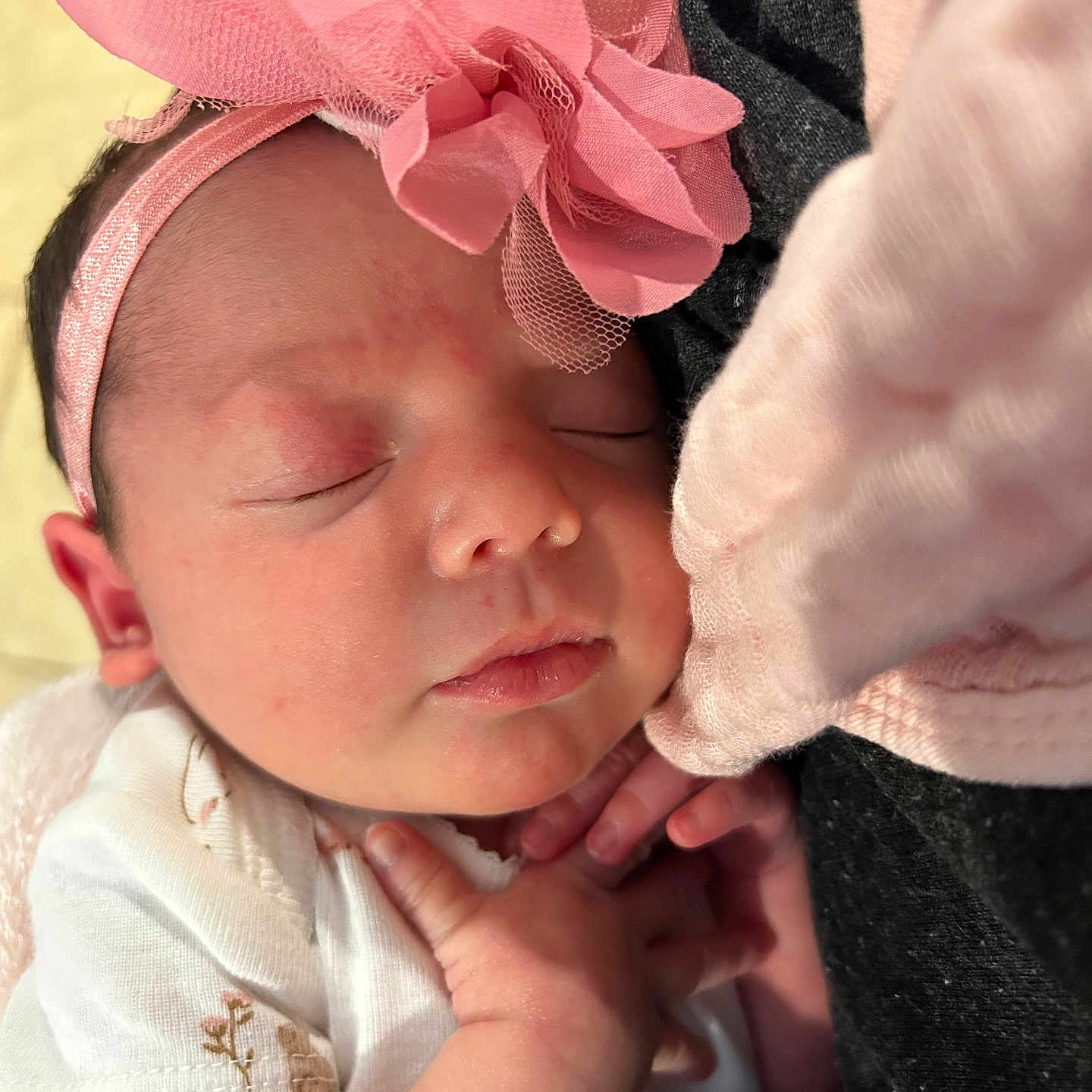 Bayler is registered to the contest to win money with this photo: baby, child, closeup, cozy, cute, delicate, flower, hands, headband, infant, newborn, peace, peaceful, pink, portrait, resting, skin, sleeping, small, soft_fabric