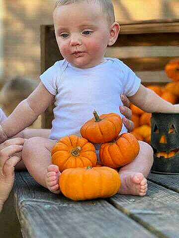 Braxton is registered to the contest to win money with this photo: arm, baby_toddler_clothing, calabaza, child, eye, facial_expression, finger, gourd, hand, happy, leaf, local_food, natural_foods, orange, organ, person, photograph, plant, pumpkin, squash