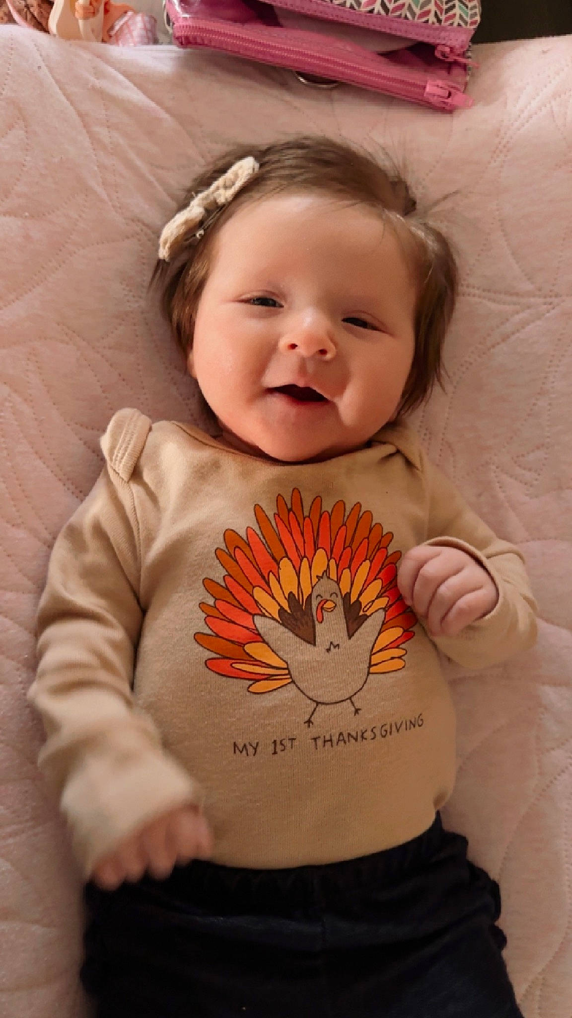 Hadley joined the competition — help win amazing prizes! baby, baby_toddler_clothing, cheek, child, eye, face, facial_expression, hairstyle, happy, head, neck, pattern, person, pink, product, skin, sleeve, smile, textile, toddler