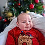 baby, celebration, child, christmas_tree, chubby_cheeks, cute, decorations, festive, happy, holiday, holiday_season, indoors, infant, ornaments, portrait, red_sweater, reindeer, smile, soft_blanket, warm_clothing