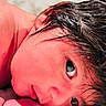 baby, blanket, child, closeup, curious, cute, expression, face, hair, head, indoors, infant, lying_down, newborn, portrait, resting, skin, sleepy, soft_texture, young