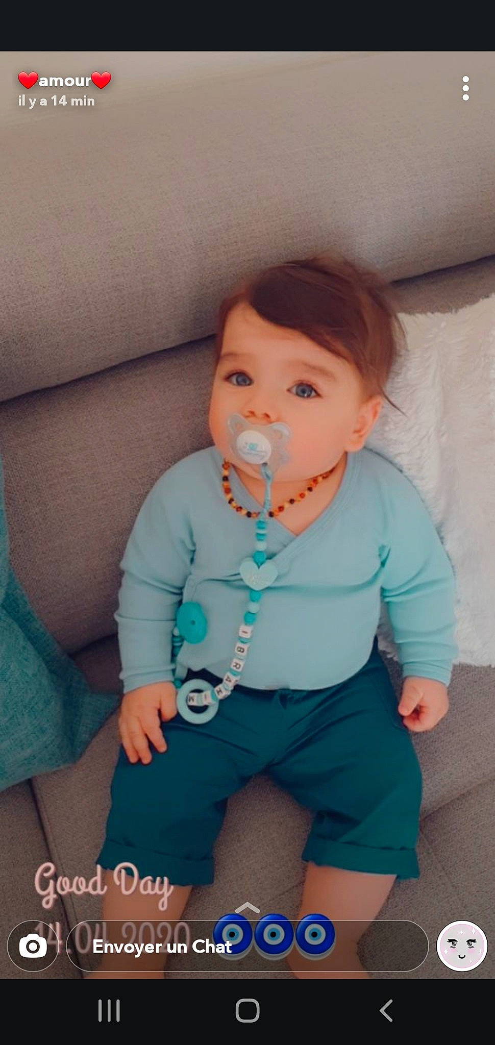 Ibrahim participe au concours pour gagner de l'argent avec cette photo : aqua, baby, baby_toddler_clothing, cheek, child, comfort, electric_blue, eye, happy, head, human_leg, iris, joint, person, pink, sitting, skin, sleeve, thigh, toddler