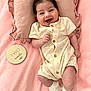 Olivia Jade joined the competition — help win amazing prizes! baby, infant, smiling, pillow, blanket, pink, onesie, socks, cute, happy, lying_down, two_months, hair, child, soft_texture, portrait, indoors, newborn, adorable, ruffled