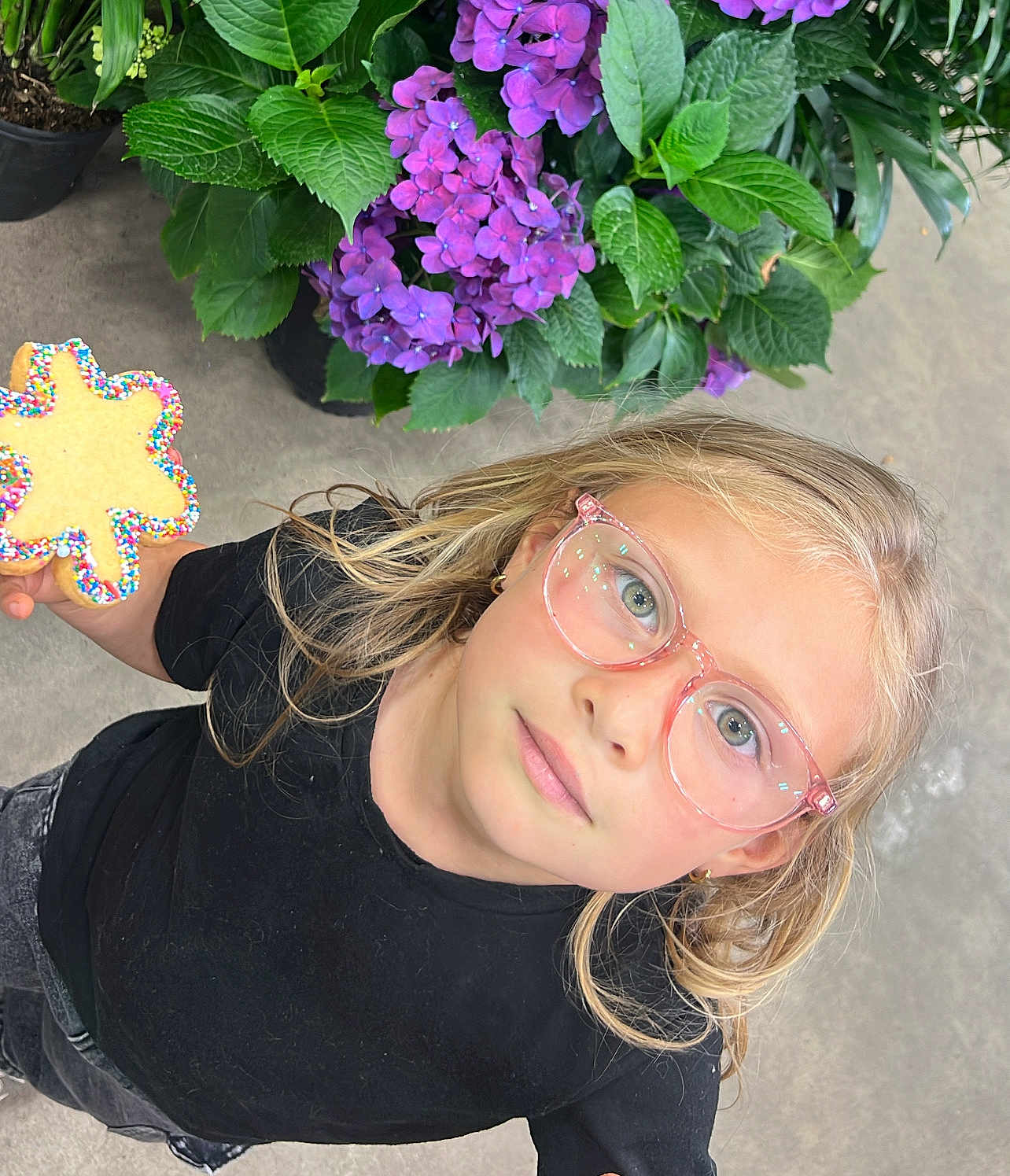 Penelope Rose is registered to the contest to win money with this photo: black_shirt, blonde_hair, casual_clothing, child, close_up, concrete_floor, cookie, cute, flower, girl, glasses, greenery, happy, holding, hydrangea, indoor, looking_up, plant_pot, portrait, sprinkles