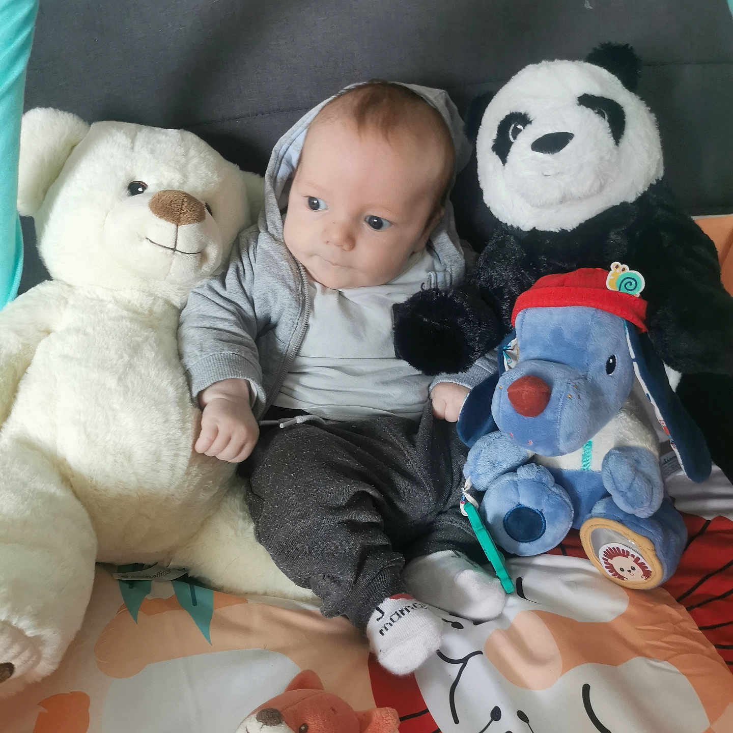 Charly participe au concours pour gagner de l'argent avec cette photo : baby, ball, bed, blanket, couch, cushion, doll, face, furniture, head, homedecor, person, photography, pillow, plush, portrait, sitting, tape, teddybear, toy