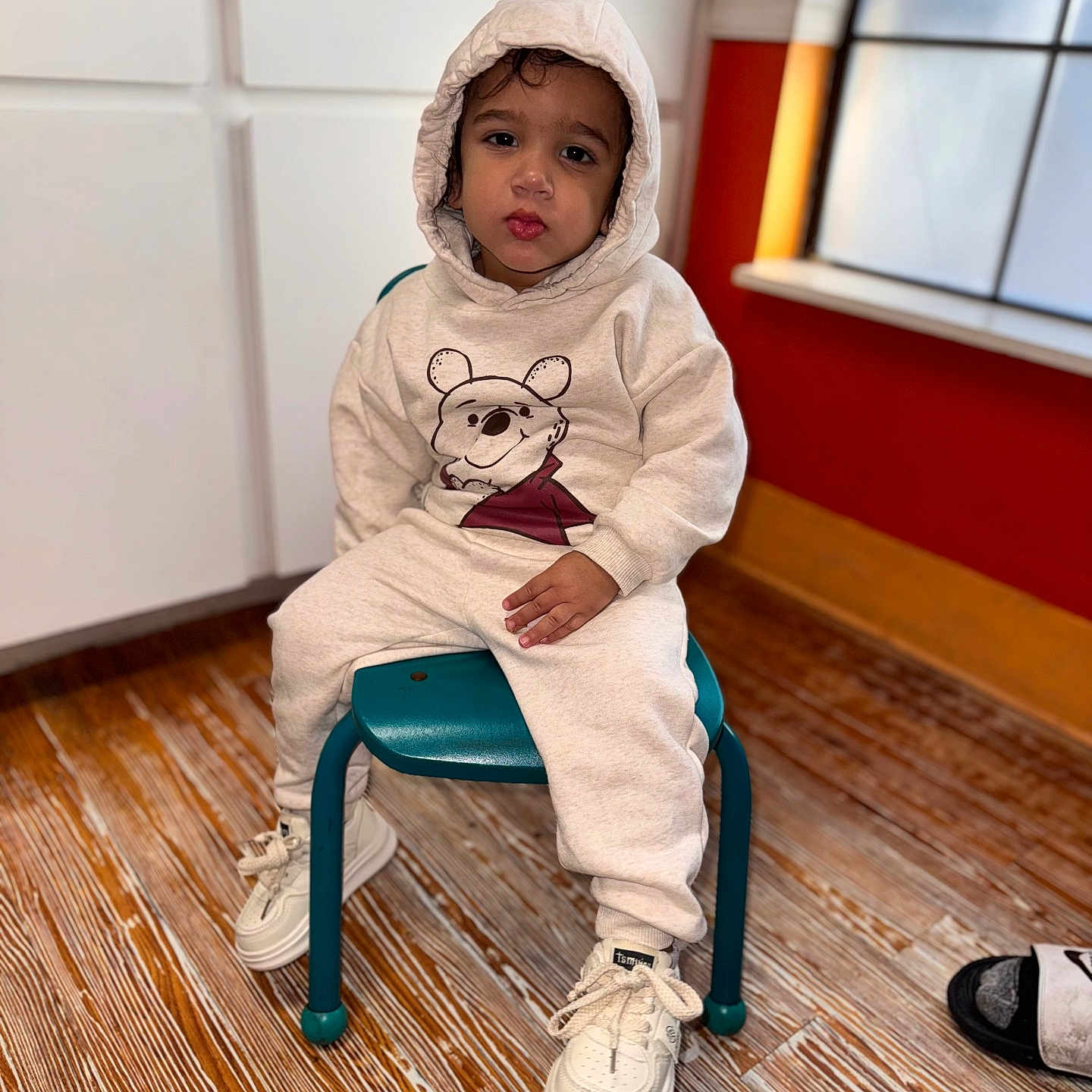 Pierre joined the competition — help win amazing prizes! boy, child, clothing, face, footwear, hardwood, head, hood, indoors, interiordesign, male, pants, person, photography, portrait, shoe, sitting, sleeve, sneaker, wood