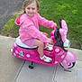 casual_clothing, child, cute, footwear, fun, girl, grass, greenery, happy, minnie_mouse, outdoor, person, pink_hoodie, play, sidewalk, summer, toy, toy_scooter, transportation, vehicle