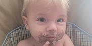 Preston joined the competition — help win amazing prizes! baby, blonde_hair, blue_eyes, cake, child, cream, curious, face, fingers, food, hand, high_chair, indoor, messy, portrait, sitting, skin, smudged, toddler, young_child