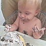birthday, cake, celebration, child, cream, crumbs, curly_hair, cute, dessert, eating, face, food, fun, hands, high_chair, indoor, messy, toddler, whipped_cream, young_child